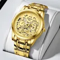 Reloj de negocios dorado para hombre con esfera esqueleto y manecillas luminosas - Acero Dorado Esfera Dorada