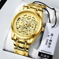 Golden men's business watch with skeleton dial and luminous hands on watch pillow - Gold Steel Gold Dial