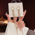 S925 silver needle long rhinestone tassel earrings with golden geometric circles - Gold Dense Rhinestone Chain Tassel Earrings (E0068金)