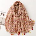 Floral print cotton linen scarf with colorful tassels for summer beach sun protection - Red Yellow White Floral