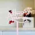 Pink acrylic Happy Anniversary cake topper with red heart decor on romantic background - Pink Base + Mirror Red Double Layer Happy Anniversary