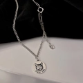 Collier maille gourmette argentée avec pendentif rond Cute Cat et breloque rectangulaire - Collier Plaque Ronde Chat Mignon