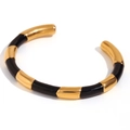 Bracelet jonc ouvert en acier inoxydable plaqué or 18K avec sections en émail noir - Or Noir