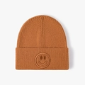 Winter beanie hat in mustard yellow with smiley face embroidery and folded cuff design - One Size / Orange Yellow