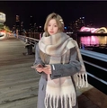 Thick mohair scarf with pink and beige plaid pattern and long fringe trim on model - Large Mohair - Striped Khaki