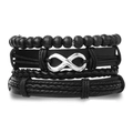 Men's multi-layer black braided leather bracelet set with silver infinity symbol charm - Black (Infinity Symbol)