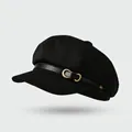 Classic black newsboy cap with TR twill fabric and gold metal buckle detail - One Size / Bow Leather Buckle-Black