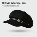 Classic black newsboy cap with TR twill fabric and gold metal buckle detail - One Size / Bow Leather Buckle-Black