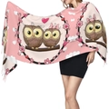 Close-up of pink cashmere-like scarf featuring cute owl patterns and tassel fringe details - Pink - Owl Couple