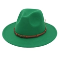 Macro detail of green wool fedora with brown braided leather band and skull metal buckle - Grass Green