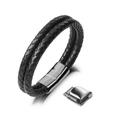 Men's double-layered black braided leather bracelet with silver magnetic clasp - Double Layer Round Rope / Steel