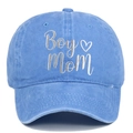 Detail of Boy Mom embroidery and heart motif on a navy blue washed cotton baseball cap - Adjustable / Light Blue