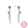 925 sterling silver feather earrings with black round zircon and shiny silver finish - Feather Pendant Black Zirconia / Feather Black Gem (SE186-W)