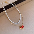 Collier double rang plaqué or 18 carats avec perles blanches et pendentif cheval à bascule - 73# Collier-Or-Cheval rouge perle double couche (Plaqué or réel)
