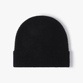 Black wool knit beanie with fishbone texture and ribbed cuff for winter warmth - Black