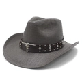 Dark grey straw cowboy hat with vintage bull head ornament and brown decorative band - M (56-58cm) / Black and Gray