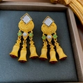 Vintage gold tassel earrings with pearls, green stones and red teardrop charms - Silver Earring Post Vintage Tassel Gemstone Stud Earrings