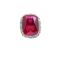 Macro shot of large crimson red radiant cut gemstone with sparkling two-tone diamond halo - Red Rhinestone Ring (Adjustable)