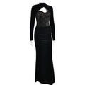 Close-up of black lace patchwork and structured corset bodice on long sleeve dress - S / Black