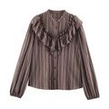 Camicia a righe marroni da donna con balze a strati, collo alto e maniche lunghe a lanterna - XS / Strisce marroni