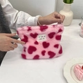 Pink plush cosmetic bag with red heart pattern and sozakka beaute label for travel - Heart Pink