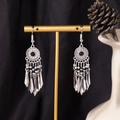 Bohemian teardrop tassel earrings in vintage silver finish with black center beads - S4295-2 Black Seed Bead Tassel Earrings