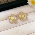 Star-shaped floral stud earrings with white pearls and colorful rhinestones on a beige tray - Pearl Floral / Beige