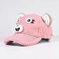 Macro detail of pink plush kids' baseball cap with cute bear ears and character design - Adjustable / Pink