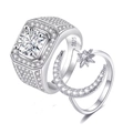 Detail of S925 sterling silver couple rings showing the square pave and moon star designs - Star Moon Paved