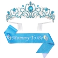 Blue Mommy To Be sash and silver crown set with blue rhinestones for baby shower - Blue Crown + Blue Rainbow Letter Sash