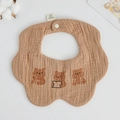Brown cotton gauze baby bib with petal edge and three cartoon bears and snap button - Gauze Flower Scarf - Book Bear