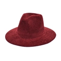 Detail of dark red corduroy fedora hat showing textured fabric and vintage wide brim - Burgundy