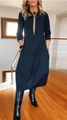 Elegant solid black long-sleeve midi dress with a crew neck and straight fit for women - S / Top And Bottom / Navy Blue