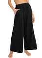 Women's black cotton linen wide leg pants with high elastic waist and side pockets - S / Black