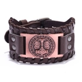Braunes Lederarmband mit bronzenem Thorshammer und eingravierten Nordischen Runen - PU-Leder - Antikes Rotkupfer