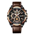 Men's chronograph sport watch with brown leather strap and rose gold steel case - Rose Gold Brown