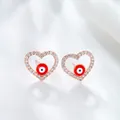 Rose gold heart-shaped stud earrings with evil eye motif and white cubic zirconia - Red Evil Eye Heart (No. 144) / Rose Gold