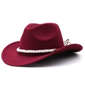 Detail of burgundy felt cowboy hat with beaded band and adjustable leather drawstring - Burgundy