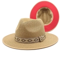 Panama Strohhut mit Ethno-Band und lebendiger roter Kontrast-Krempe unterseite - M (56-58cm) / Khaki