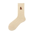 Creamy beige mid-calf ribbed socks featuring delicate bear embroidery for daily wear - One Size / Khaki (Red Tie Bear)