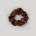 Detail shot of brown satin scrunchie showing smooth silk texture and soft pleated folds - Satin 28 (Brown)