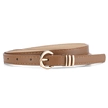Slim brown faux leather belt for women featuring a golden round pin buckle and classic style - Length 104cm Width 1.4cm / Caramel color