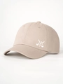 Detailed side view of beige cotton baseball cap featuring white golf club logo embroidery - Adjustable / Light Khaki