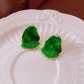 Elegant emerald green enamel drop earrings with gold edges on white ceramic dish - Geometric Leaf / Emerald Green