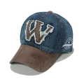 Vintage washed denim baseball cap with brown W letter patch and stars embroidery - M (56-58cm) / Navy Blue(D)