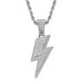 Hip hop silver lightning bolt pendant with sparkling zircons on a twisted rope chain - 60cm Stainless Steel Rope Chain / Silver
