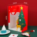 Red Christmas gift bag with clear window, reindeer tree patterns and ribbon handles - Christmas Window Bag [Reindeer Red]