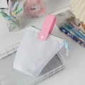Detailed close-up of large capacity canvas pencil case with pink handle and blue zipper - Light Blue