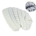Winter slouchy white knit beanie with soft grey satin lining for warm hair protection - Bleached White