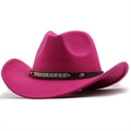 Detail of fuchsia western cowboy hat with woven brown leather band and gold rivets - M (56-58cm) / Rose Red (JXF-548)